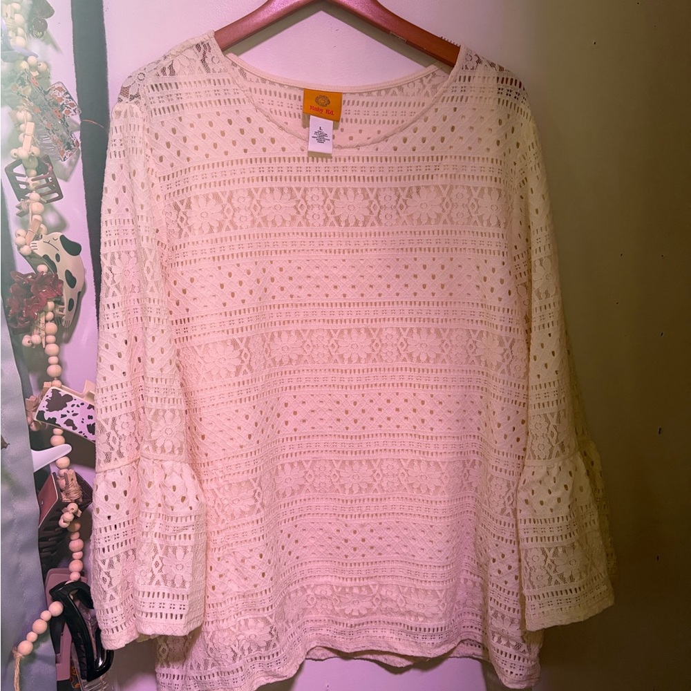Ruby Rd. Cream Crochet Lace Bell Sleeve Top